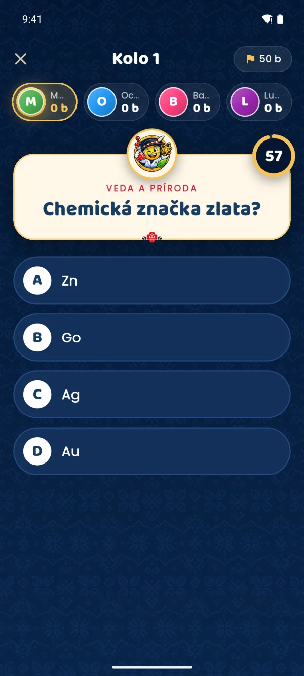 Otázka Chemická značka zlata so štyrmi možnosťami a časovačom