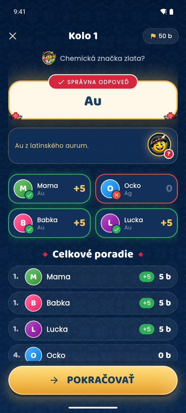 Odhalenie kola so správnou odpoveďou a celkovým poradím hráčov
