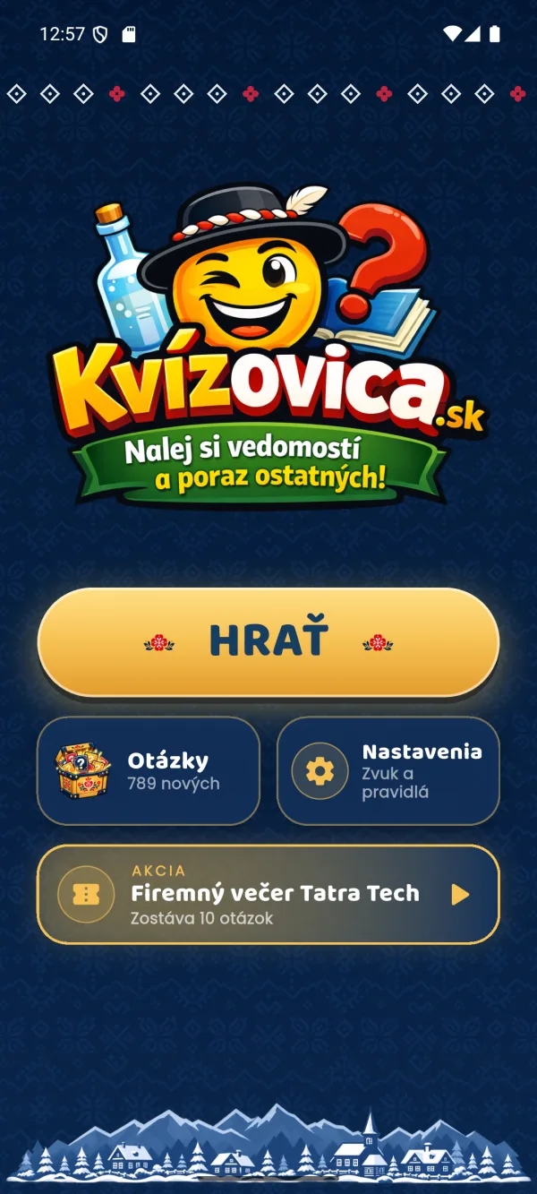 Úvod appky Kvízovica s aktívnou akciou Firemný večer Tatra Tech