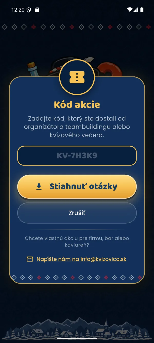 Dialóg Kód akcie v appke Kvízovica s poľom na kód KV-7H3K9