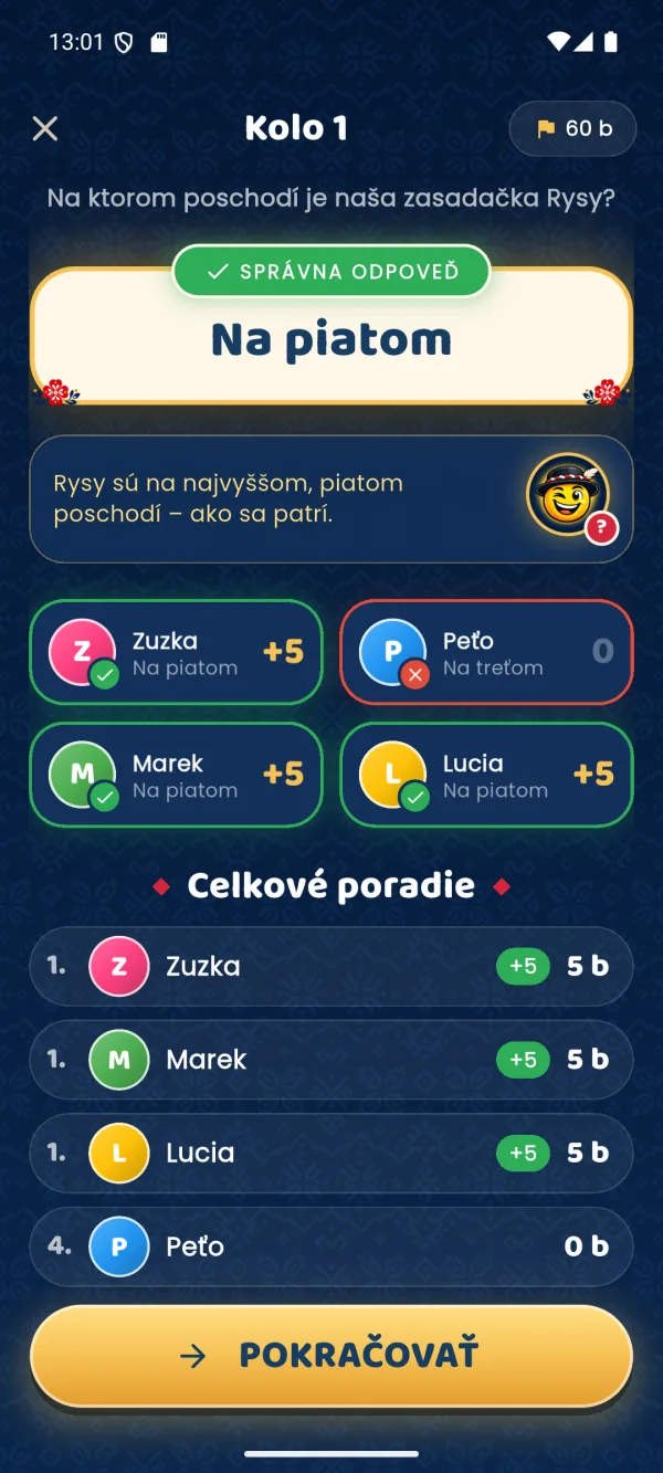 Odhalenie kola so správnou odpoveďou Na piatom, vysvetlením a poradím hráčov